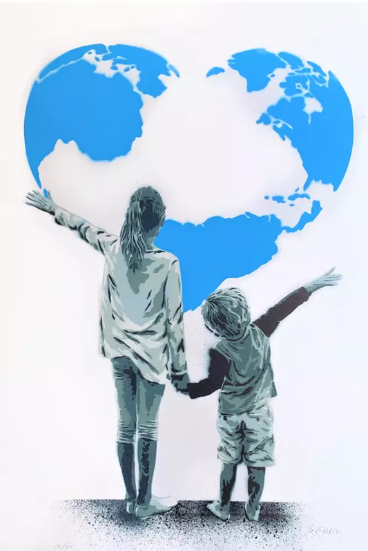 My World di Alessio-B. Stampa giclée stampa giclée su carta 320 gsm edizione limitata rappresentante due bambini per mano che osservano un grande cuore azzurro | Cd Studio d'Arte
