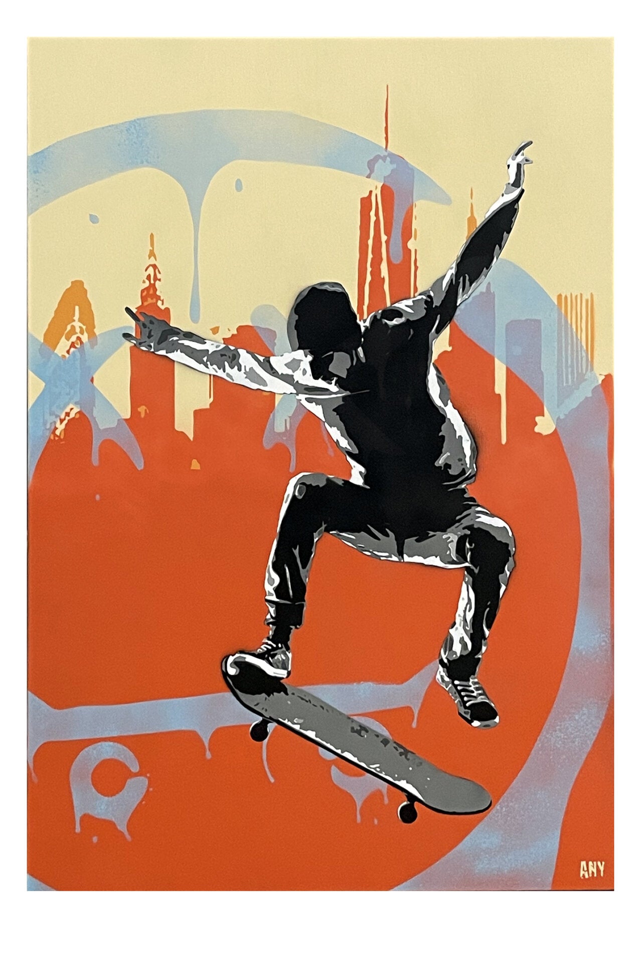 Nyc Skate di Any. Opera unica spray e stencil su tela rappresentante connessioni allo scenario di New York, come ricorda l'acronimo presente nel nome dell'artista "About New York" | Cd Studio d'Arte