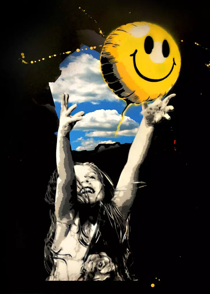 Off The Wall 13 di Alessio-B. Stampa giclée stampa su carta 320 gsm edizione limitata rappresentante una bambina gioiosa che lancia un palloncino a forma di Smile | Cd Studio d'Arte