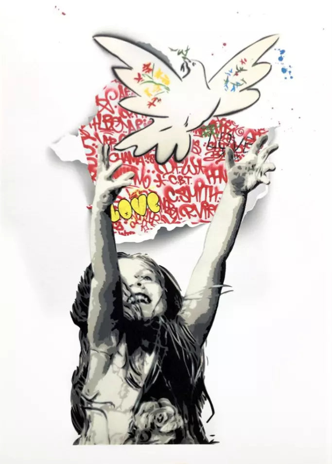 Off The Wall 3 di Alessio-B. Stampa giclée stampa su carta 320 gsm edizione limitata rifinita a mano rappresentante una bambina gioiosa che lancia una colomba | Cd Studio d'Arte