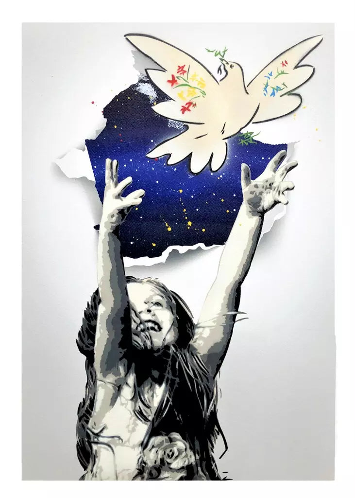 Off The Wall 9 di Alessio-B. Stampa giclée stampa su carta 320 gsm edizione limitata rifinita a mano rappresentante una bambina gioiosa che lancia una colomba in segno di pace | Cd Studio d'Arte
