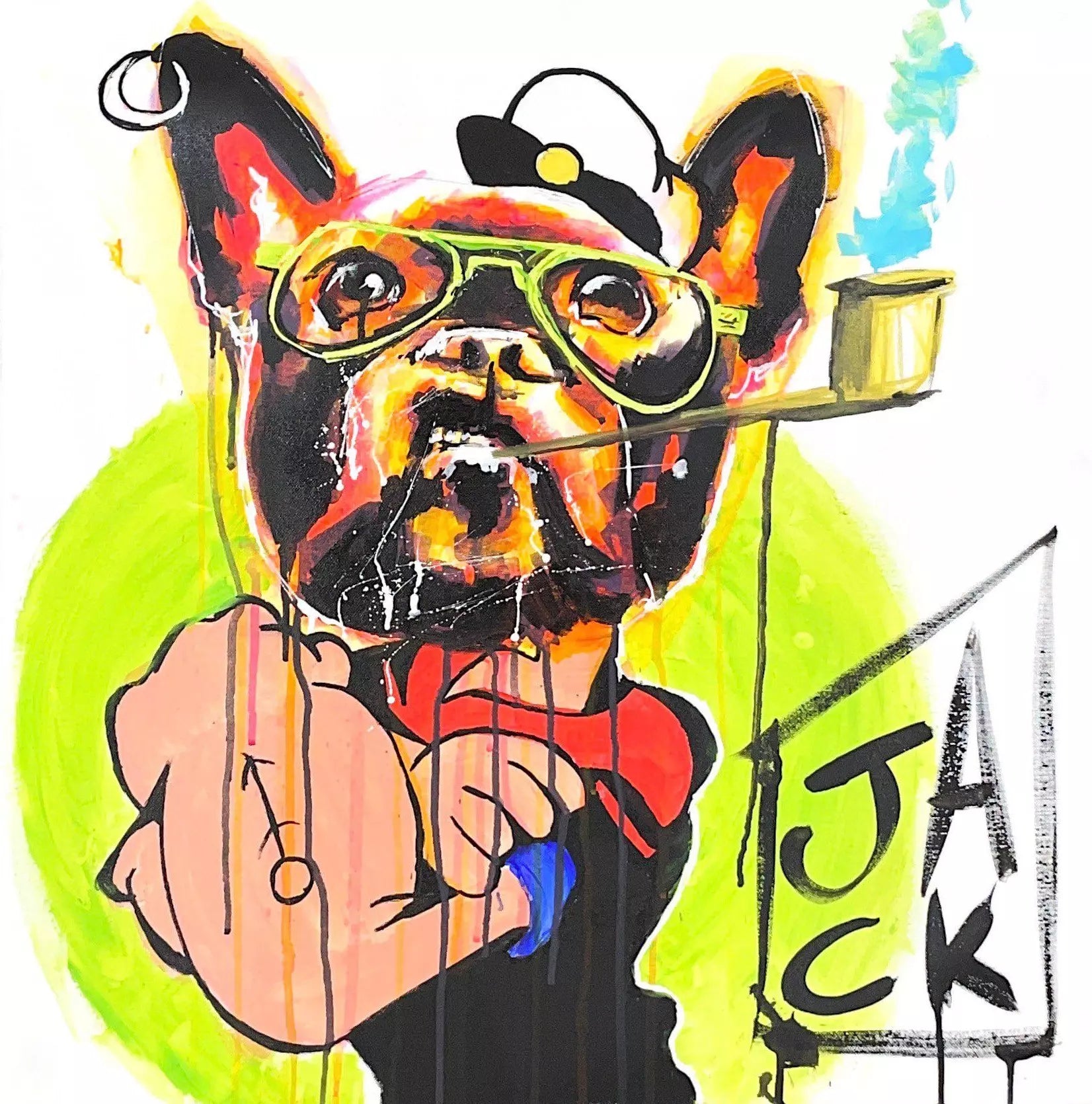 Popeye di Jack Perego. Opera unica tecnica mista su tela rappresentante Braccio di Ferro con la testa di un bulldog francese | CD Studio d'Arte