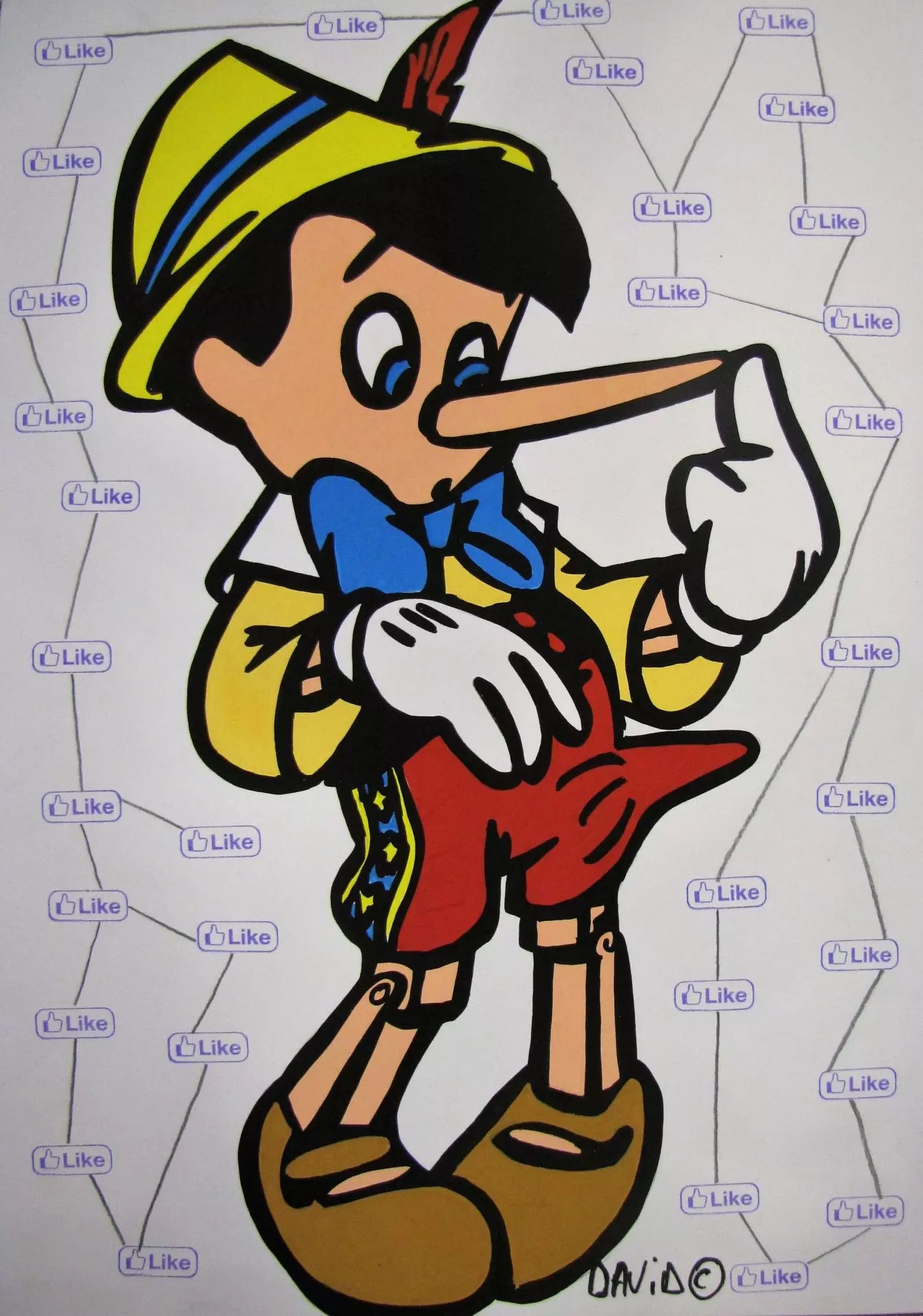 Pinocchio Like di David Karsenty. Opera unica tecnica mista su carta rappresentante l'iconico personaggio Disney raffigurato in maniera divertente dall'artista | CD Studio d'Arte