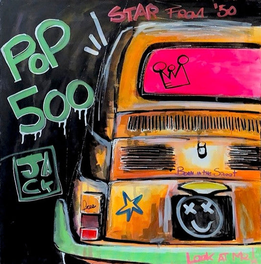 Pop 500 di Jack Perego. Opera unica tecnica mista su tela rappresentante delle rivisitazioni divertenti e colorate in stile New Pop | CD Studio d'Arte