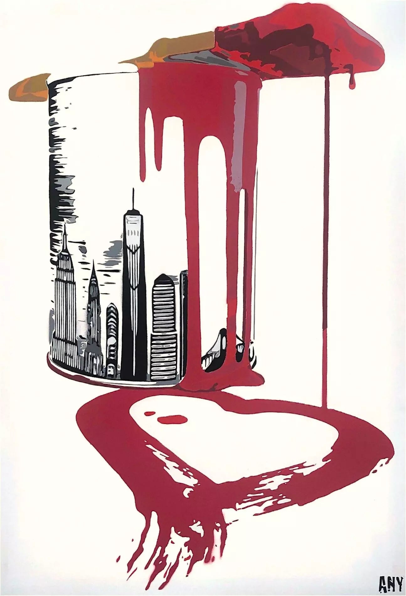 Pouring Heart di Any. Opera unica spray e stencil su tela rappresentante connessioni allo scenario di New York, come ricorda l'acronimo presente nel nome dell'artista "About New York" | CD Studio d'Arte