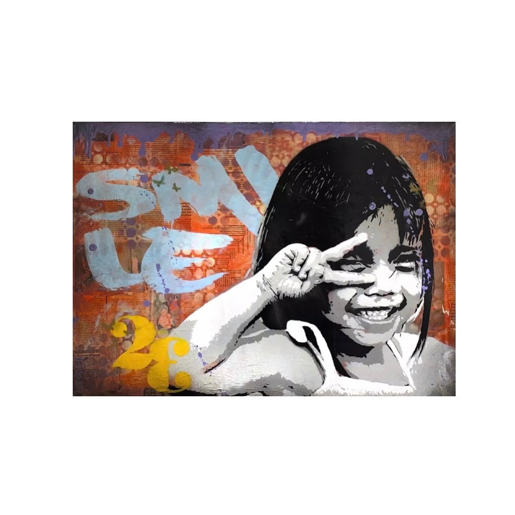 Smile di Alessio-B. Opera unica spray e stencil su tela rappresentante una libera interpretazione dello smile emoji  | Cd Studio d'Arte