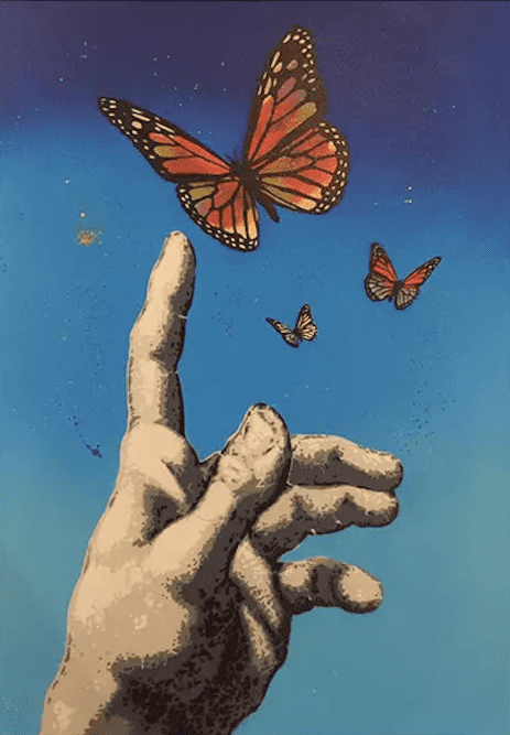 Butterfly di Alessio-B. Stampa giclée stampa giclée su carta 320 gsm edizione limitata rappresentante una mano che col dito indica delle farfalle in volo  | CD Studio d'Arte 