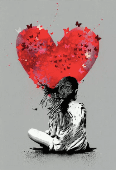 Butterfly Dream grey Edition di Alessio-B. Stampa giclée stampa su carta 320 gsm edizione limitata rappresentante una bambina seduta di fronte ad un grande cuore rosso  | CD Studio d'Arte 
