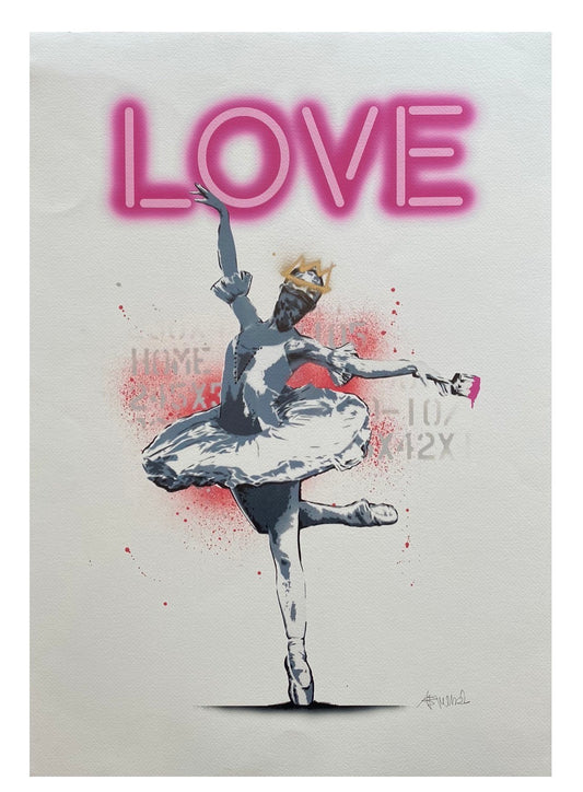 Ballerina Love Pink di Alessio-B. Stampa giclée stampa su carta 320 gsm edizione limitata rifinita a mano rappresentante una ballerina danzante sotto alla scritta "Love" al neon | CD Studio d'Arte