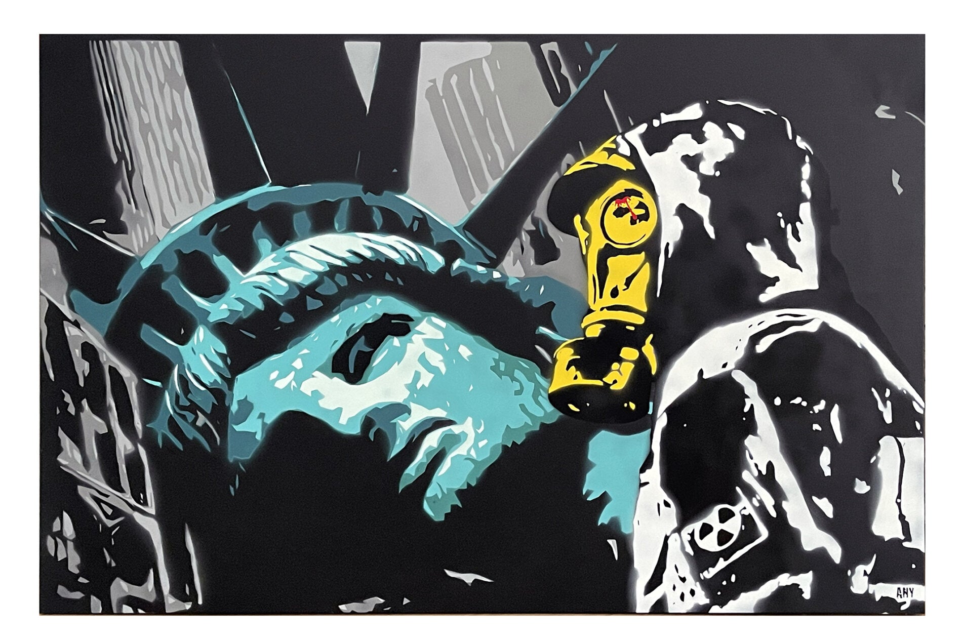 This Is The End di Any. Opera unica spray e stencil su tela rappresentante connessioni allo scenario di New York, come ricorda l'acronimo presente nel nome dell'artista "About New York" | Cd Studio d'Arte