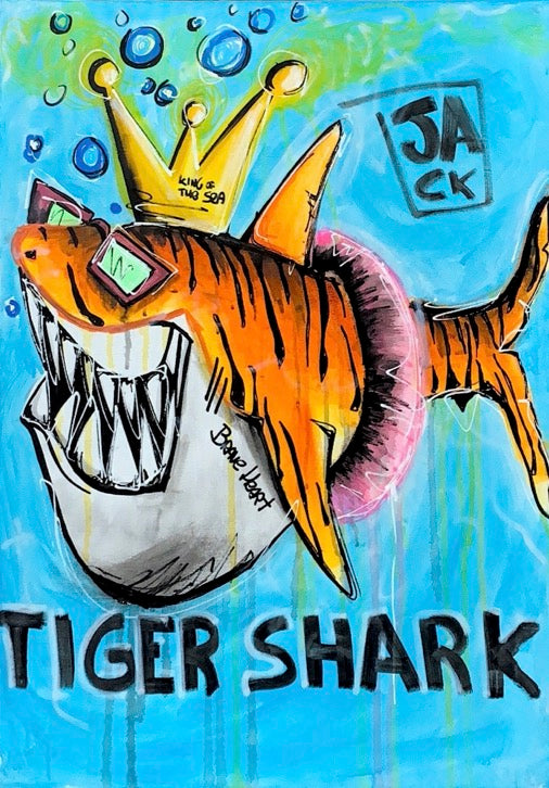 Tiger Shark di Jack Perego. Opera unica tecnica mista su tela rappresentante delle rivisitazioni divertenti e colorate in stile New Pop | Cd Studio d'Arte