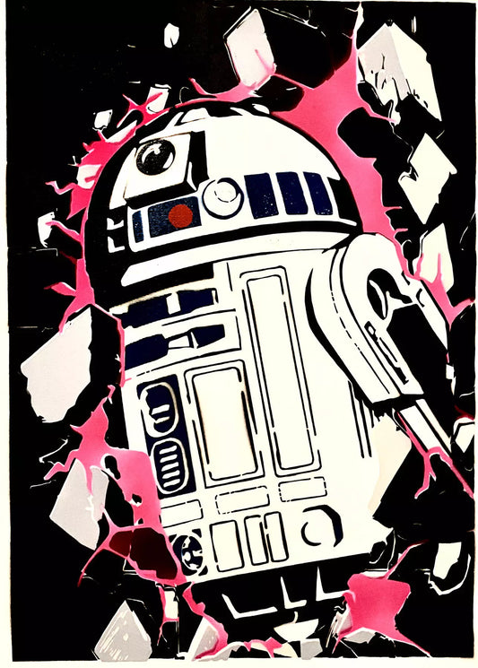 R2 D2 di Any. Opera unica spray e stencil su tela rappresentante un personaggio immaginario di Star Wars | CD Studio d'Arte
