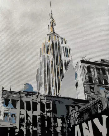 Empire 2020 di Any. Opera unica spray e stencil su tela rappresentante connessioni allo scenario di New York, come ricorda l'acronimo presente nel nome dell'artista "About New York" | CD Studio d'Arte