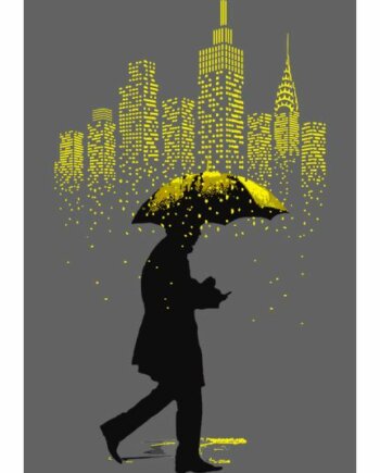 Dream Drops di Any. Stampa giclée stampa su carta 320 gsm rappresentante un uomo che cammina sotto la pioggia con la città di New York sullo sfondo | Cd Studio d'Arte