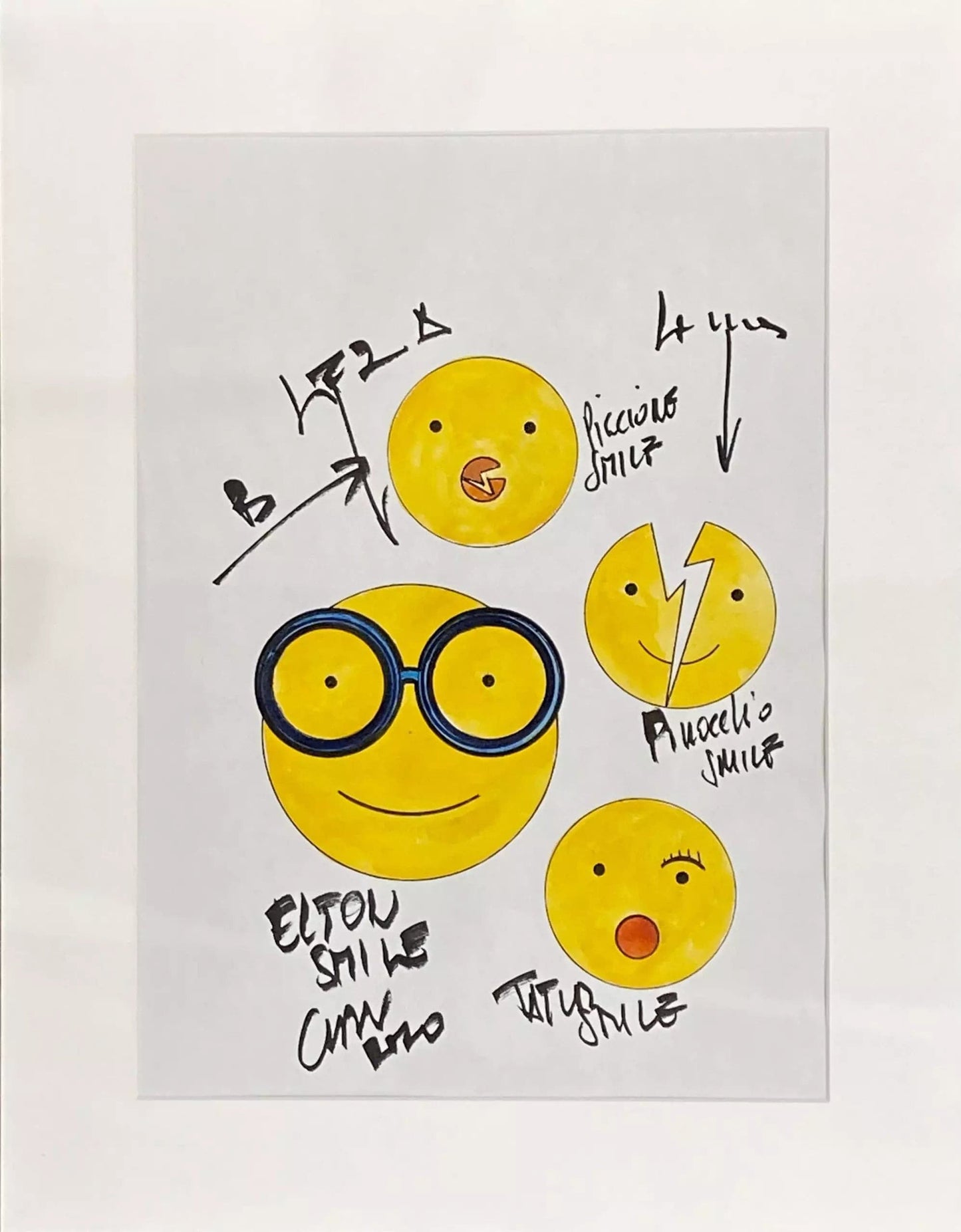 Four Smile di Cudin. Opera unica tecnica mista su carta rappresentante una libera interpretazione dello smile emoji | CD Studio d'Arte