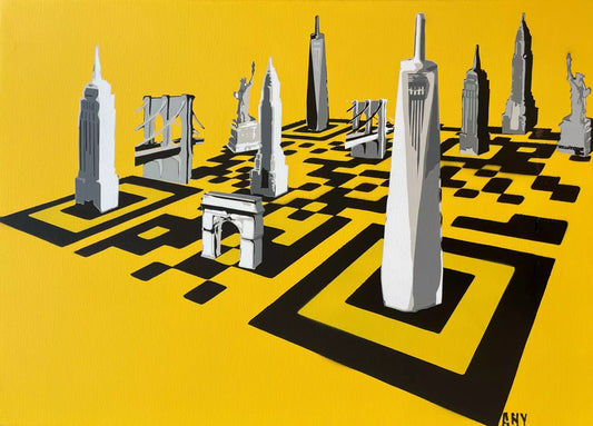 Make Your Move Yellow di Any. Opera unica spray e stencil su tela rappresentante connessioni allo scenario di New York, come ricorda l'acronimo presente nel nome dell'artista "About New York" | CD Studio d'Arte
