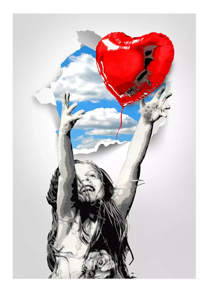 Off The Wall-Heart Edition Grey di Alessio-B. Stampa giclée stampa su carta 320 gsm edizione limitata rappresentante una bambina che lancia un palloncino a forma di cuore | Cd Studio d'Arte