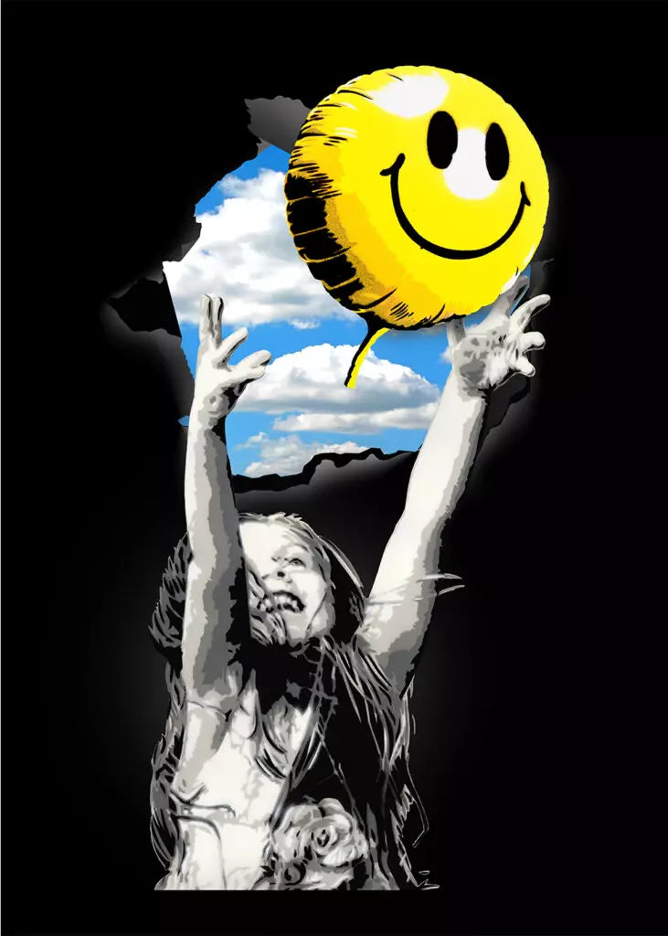 Off The Wall-Smile Edition Black di Alessio-B. Stampa giclée stampa su carta 320 gsm edizione limitata rappresentante una bambina che lancia un palloncino a forma di Smile | Cd Studio d'Arte