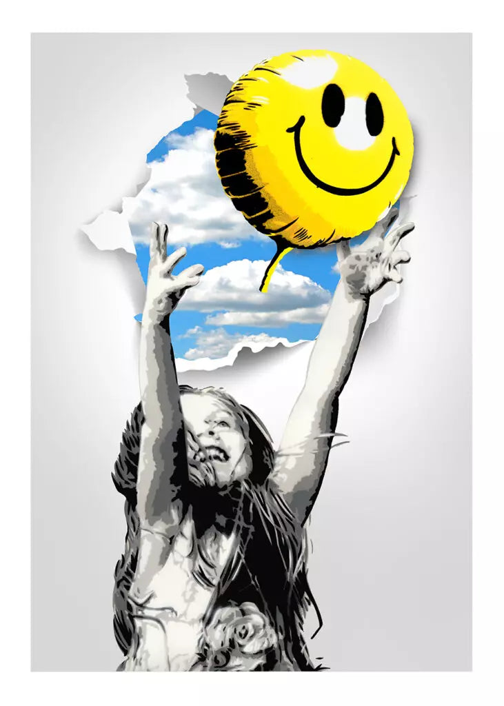 Off The Wall-Smile Edition Grey di Alessio-B. Stampa giclée stampa su carta 320 gsm edizione limitata rappresentante una bambina che lancia un palloncino a forma di Smile | Cd Studio d'Arte
