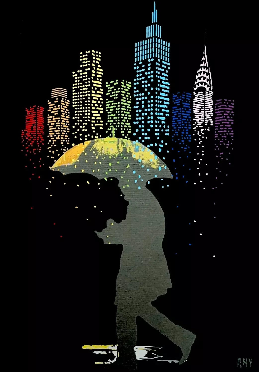 Rainbow Drops di Any. Opera unica spray e stickers su tela rappresentante un soggetto ricorrente dell'artista trasferito in un oggetto da collezione | Cd Studio d'Arte