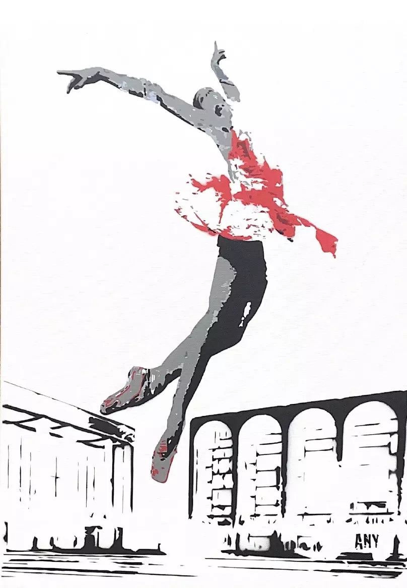 Red Swan di Any. Opera unica spray e stencil su tela rappresentante connessioni allo scenario di New York, come ricorda l'acronimo presente nel nome dell'artista "About New York" - CD Studio d'Arte