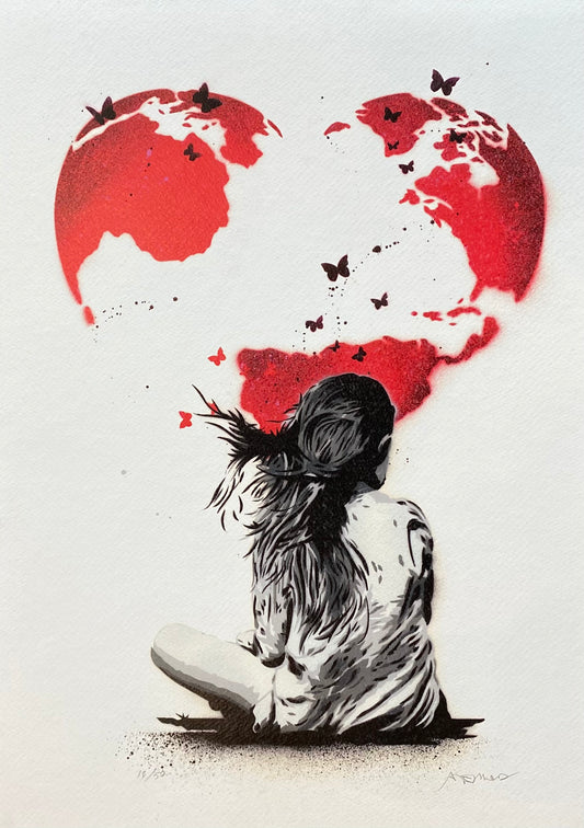 Dream Red Edition di Alessio-B. Stampa giclée stampa su carta 320 gsm edizione limitata rappresentante una bambina seduta che osserva una grande cuore rosso  | CD Studio d'Arte