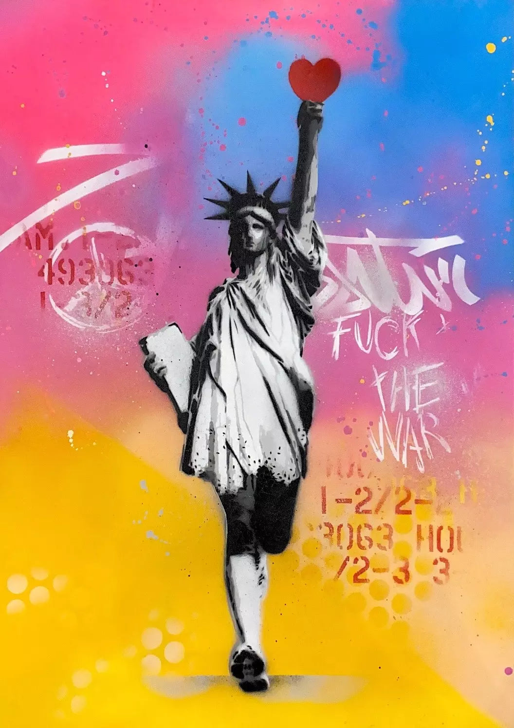 Run Baby di Alessio-B. Opera unica spray e stencil su tela rappresentante la statua della Libertà che regge un cuore rosso | Cd Studio d'Arte