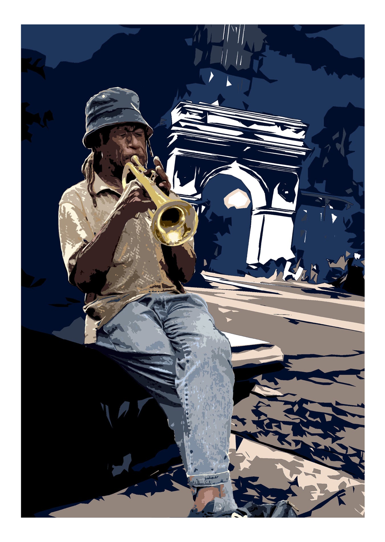 Sound Of Ny di Any. Stampa giclée stampa su carta 320 gsm edizione limitata rappresentante un trombettista all'interno dello scenario di New York | Cd Studio d'Arte