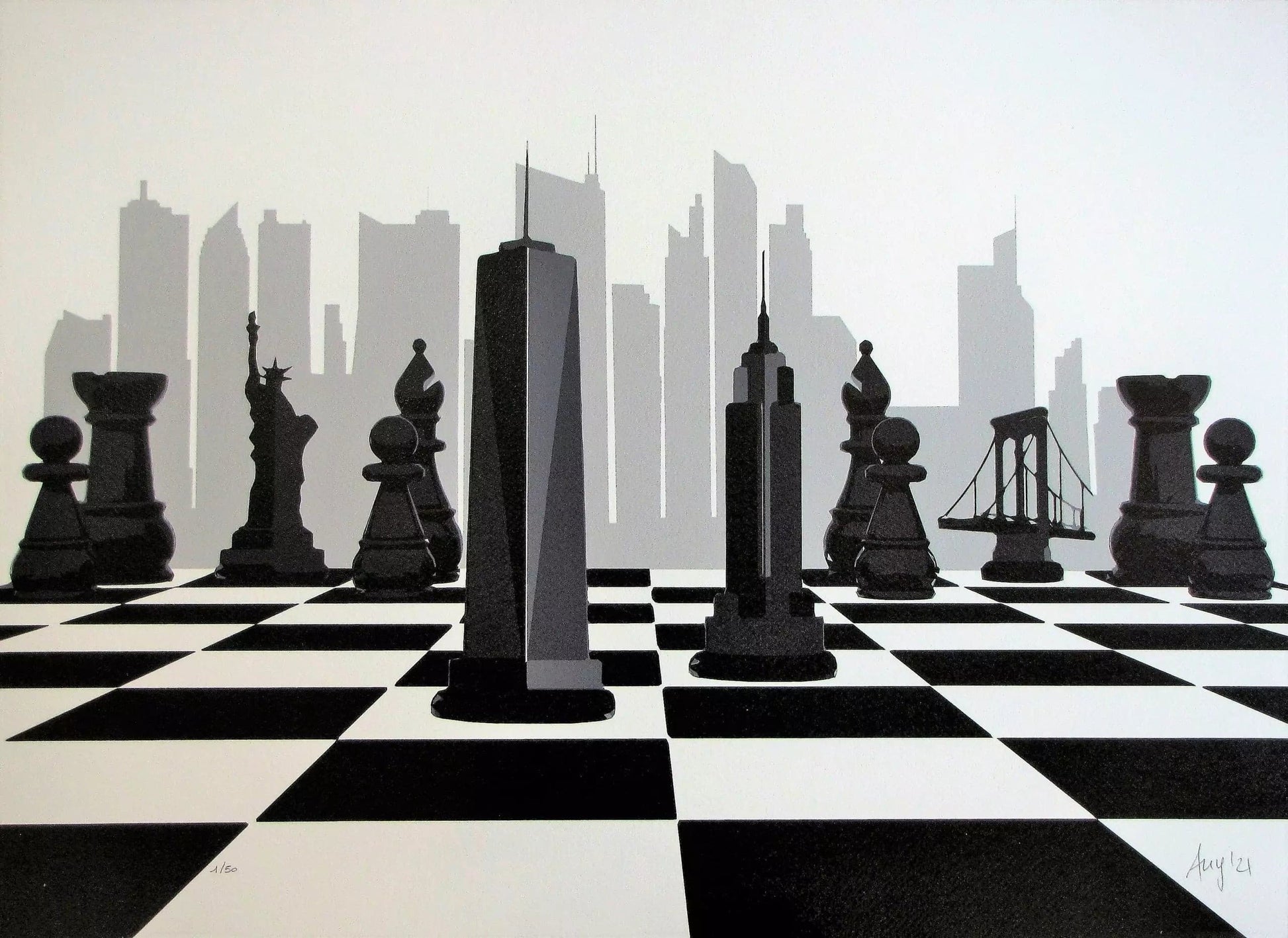 The Queen's Gambit di Any. Stampa giclée stampa su carta 320 gsm edizione limitata rappresentante una scacchiera realizzata con i monumenti principali della città di New York | Cd Studio d'Arte