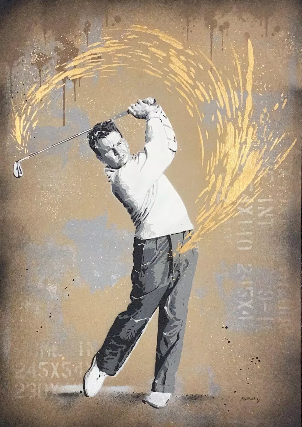 Tribute To B. Hogan Golf Gold di di Alessio-B. Opera unica tecnica mista su tela rappresentante Ben Hogan, famoso golfista statunitense | Cd Studio d'Arte