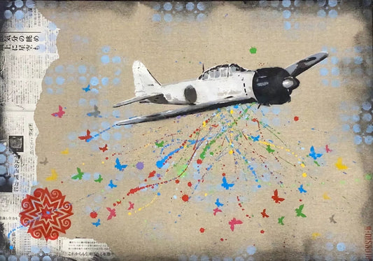 United Colors Of Art di Alessio-B. Opera unica tecnica mista su tela rappresentante un aereo che sgancia farfalle | Cd Studio d'Arte